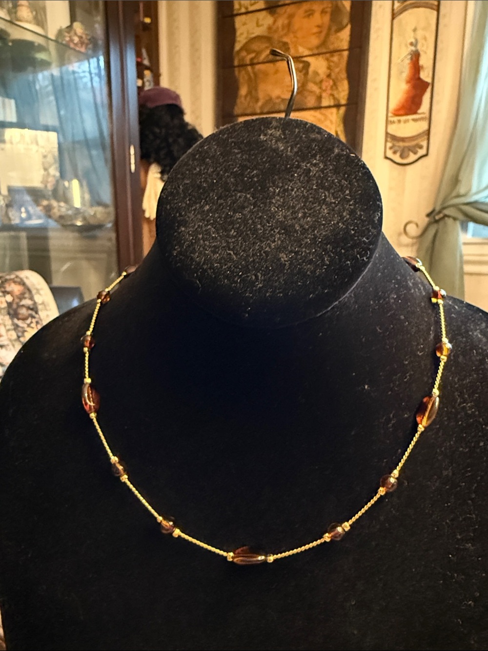 Vintage Monet Gould tone cobra chain and brown amber glass adjustable necklace